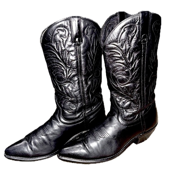 👢💄 VINTAGE 80s Black Leather Cowboy Boots | Classic Flame Stitch | Women's 8 - Picture 1 of 6